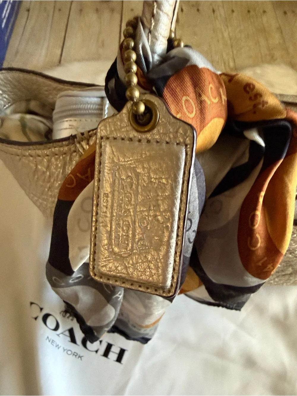 Coach Set Metallic Gold Leather Tote with Zip Wallet, Scarf & 2 cosmetic bags